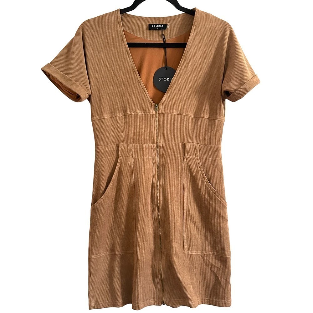 NWT Storia Brown Velvet Corduroy V-Neck Mini Zip-Front Skater Dress - Small